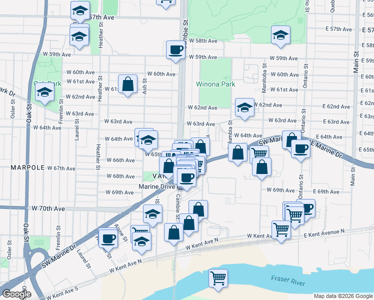 map of restaurants, bars, coffee shops, grocery stores, and more near 8031 Nunavut Lane in Vancouver