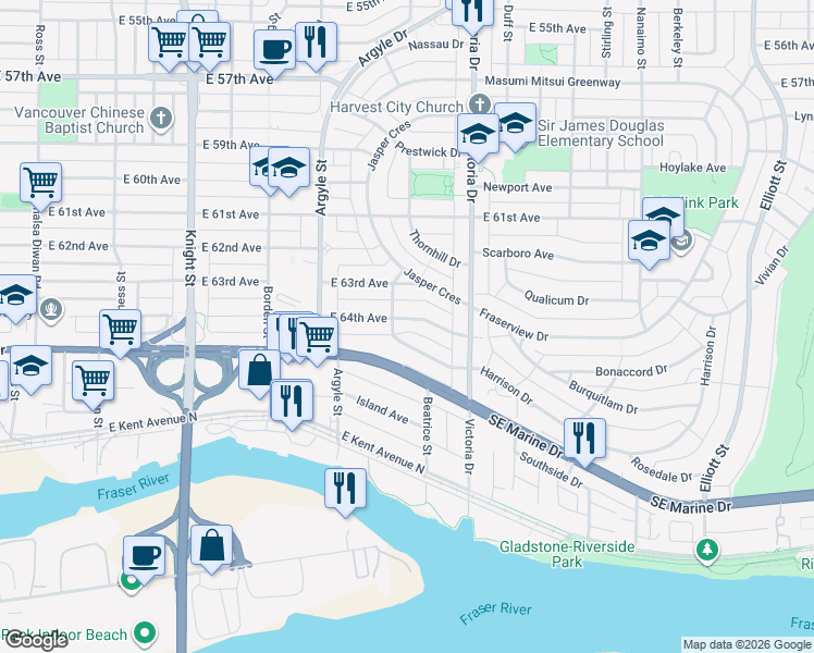 map of restaurants, bars, coffee shops, grocery stores, and more near 1842 East 64th Avenue in Vancouver
