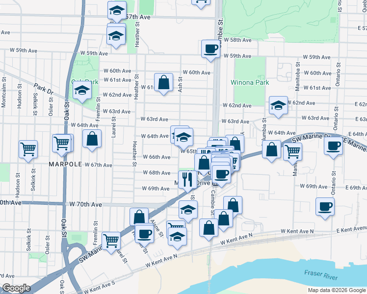 map of restaurants, bars, coffee shops, grocery stores, and more near 585 West 65th Avenue in Vancouver
