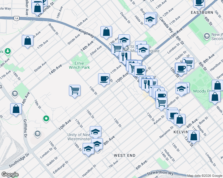 map of restaurants, bars, coffee shops, grocery stores, and more near 1320 10th Avenue in New Westminster