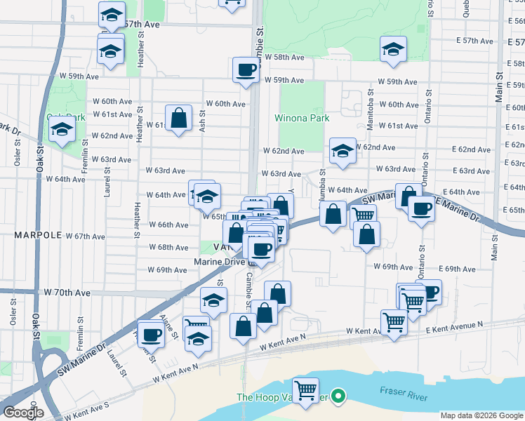 map of restaurants, bars, coffee shops, grocery stores, and more near 8031 Nunavut Lane in Vancouver