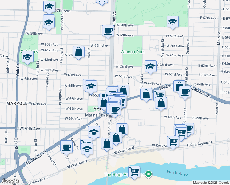 map of restaurants, bars, coffee shops, grocery stores, and more near 8031 Nunavut Lane in Vancouver