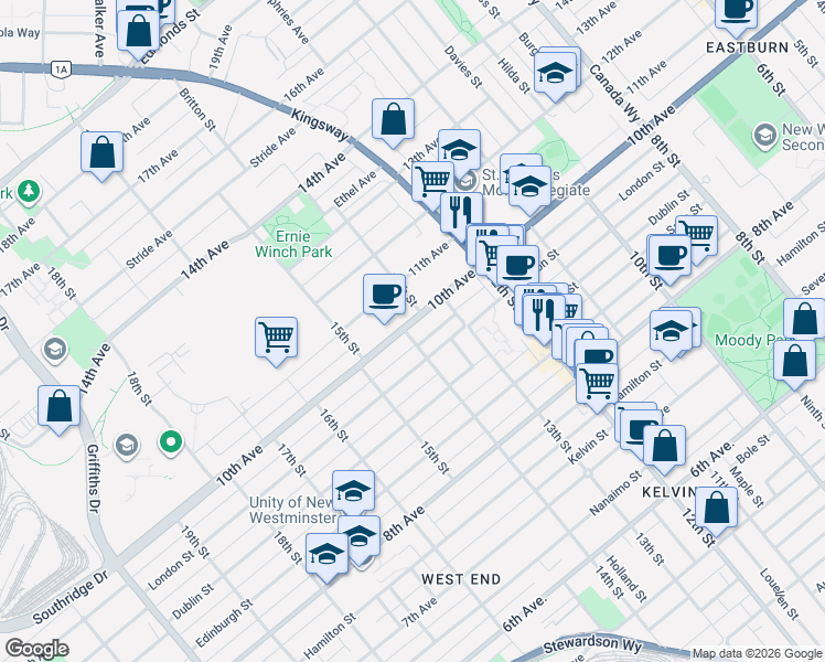 map of restaurants, bars, coffee shops, grocery stores, and more near 1320 10th Avenue in New Westminster