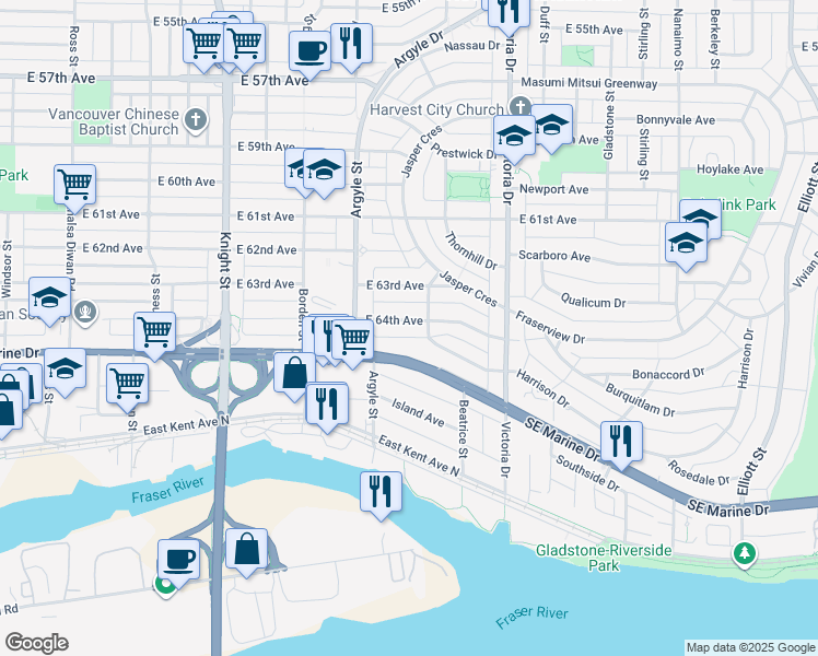 map of restaurants, bars, coffee shops, grocery stores, and more near 1766 East 64th Avenue in Vancouver