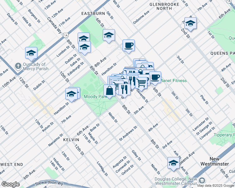 map of restaurants, bars, coffee shops, grocery stores, and more near 615 Eighth Street in New Westminster