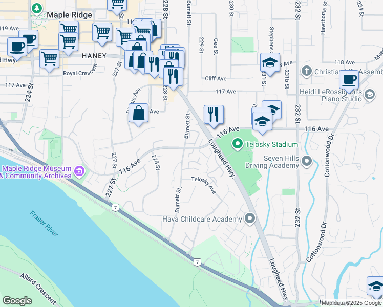 map of restaurants, bars, coffee shops, grocery stores, and more near Burnett Street in Maple Ridge