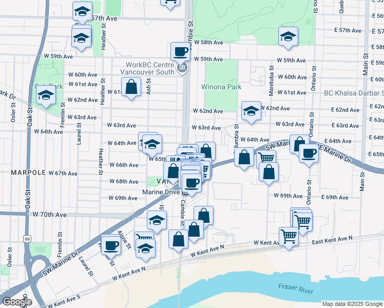map of restaurants, bars, coffee shops, grocery stores, and more near 8031 Nunavut Lane in Vancouver