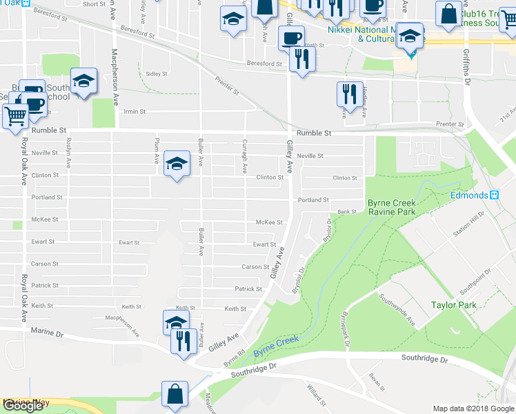 map of restaurants, bars, coffee shops, grocery stores, and more near 6138 Portland Street in Burnaby