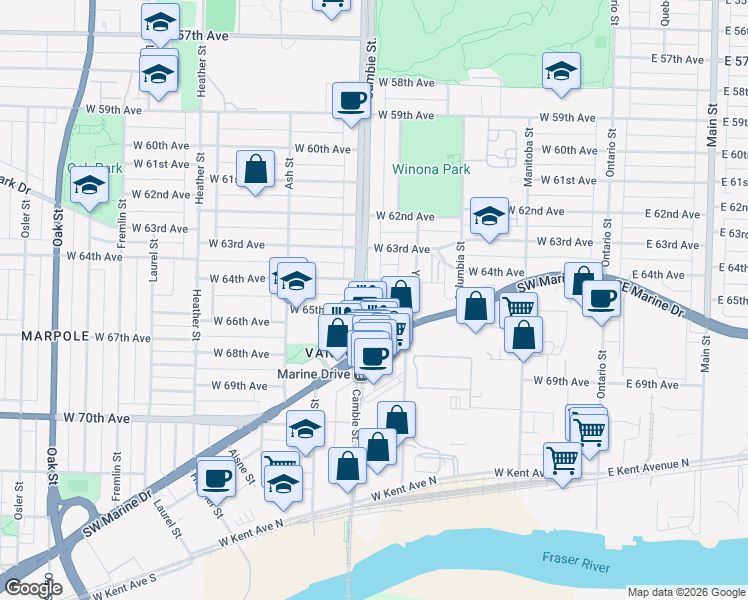 map of restaurants, bars, coffee shops, grocery stores, and more near 8031 Nunavut Lane in Vancouver