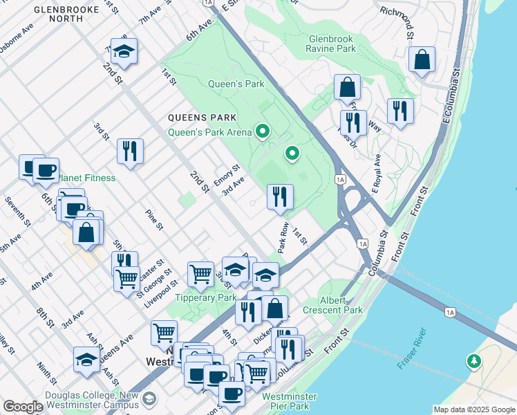 map of restaurants, bars, coffee shops, grocery stores, and more near 106 College Court in New Westminster