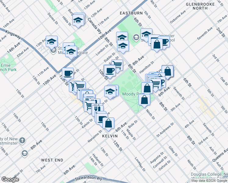 map of restaurants, bars, coffee shops, grocery stores, and more near 726 10th Street in New Westminster