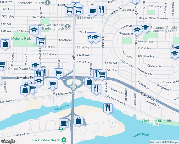 map of restaurants, bars, coffee shops, grocery stores, and more near 8025 Borden Street in Vancouver