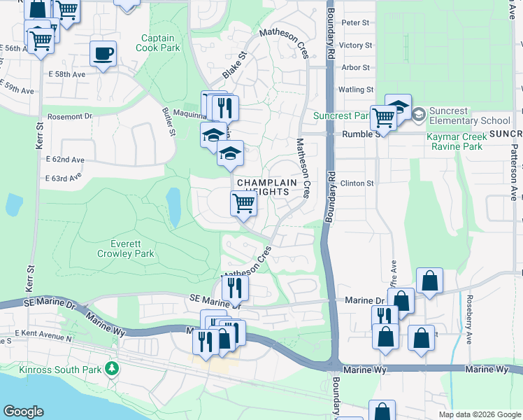 map of restaurants, bars, coffee shops, grocery stores, and more near 8168 Riel Place in Vancouver