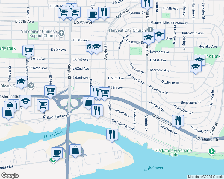 map of restaurants, bars, coffee shops, grocery stores, and more near 1722 East 64th Avenue in Vancouver