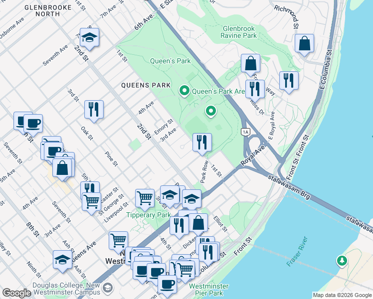 map of restaurants, bars, coffee shops, grocery stores, and more near 106 College Court in New Westminster