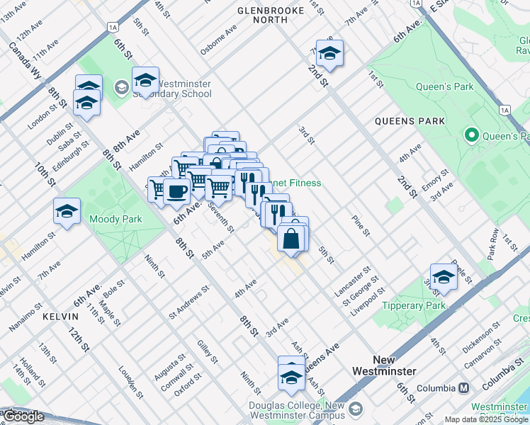 map of restaurants, bars, coffee shops, grocery stores, and more near 506 5th Avenue in New Westminster