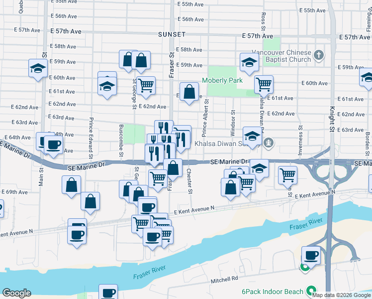 map of restaurants, bars, coffee shops, grocery stores, and more near 8111 Chester Street in Vancouver
