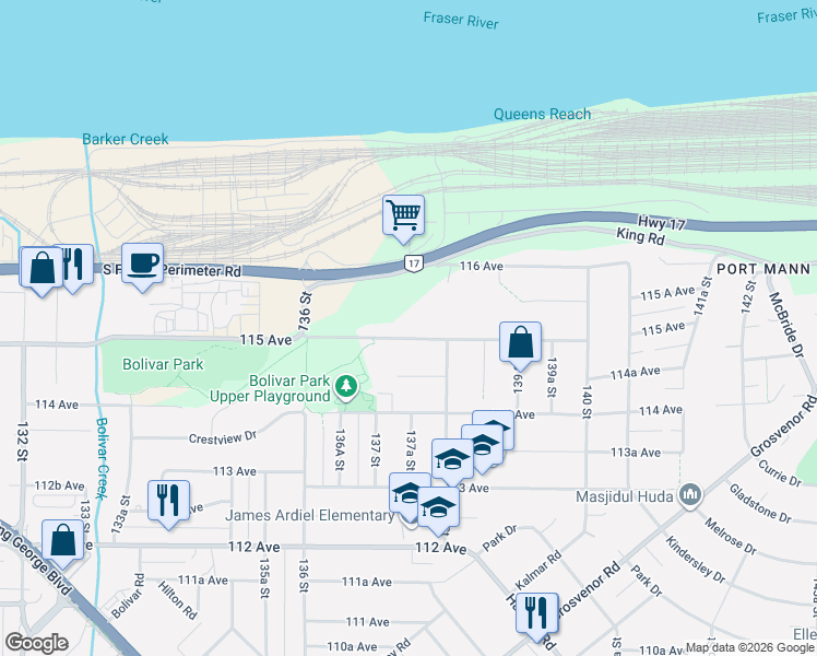 map of restaurants, bars, coffee shops, grocery stores, and more near 13747 115 Avenue in Surrey