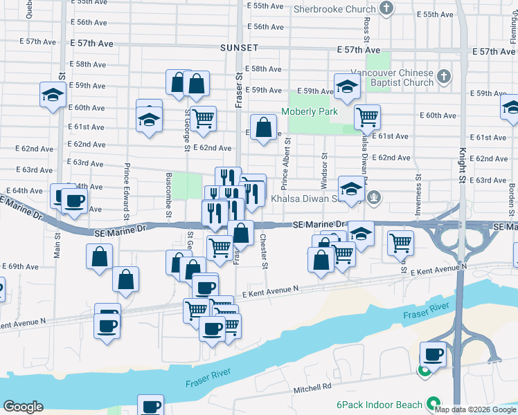 map of restaurants, bars, coffee shops, grocery stores, and more near 8111 Chester Street in Vancouver