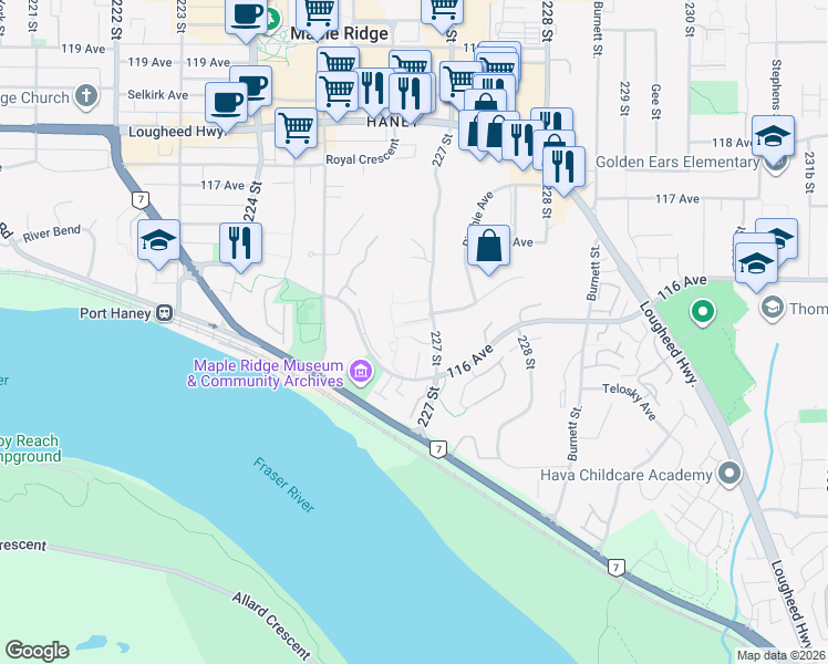 map of restaurants, bars, coffee shops, grocery stores, and more near 22703 Holyrood Avenue in Maple Ridge