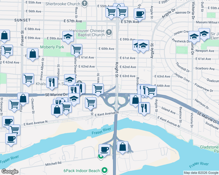 map of restaurants, bars, coffee shops, grocery stores, and more near 1372 East 64th Avenue in Vancouver