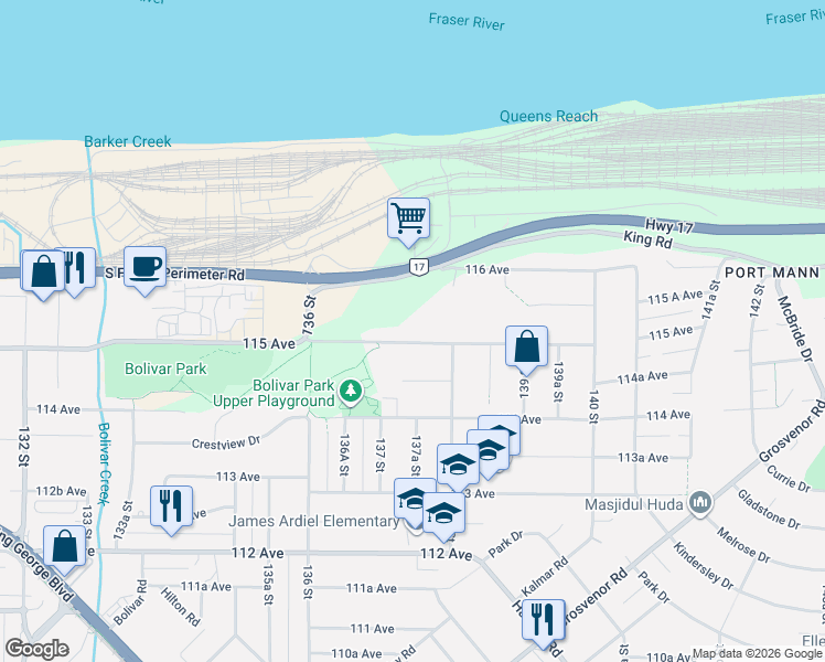 map of restaurants, bars, coffee shops, grocery stores, and more near 13747 115 Avenue in Surrey