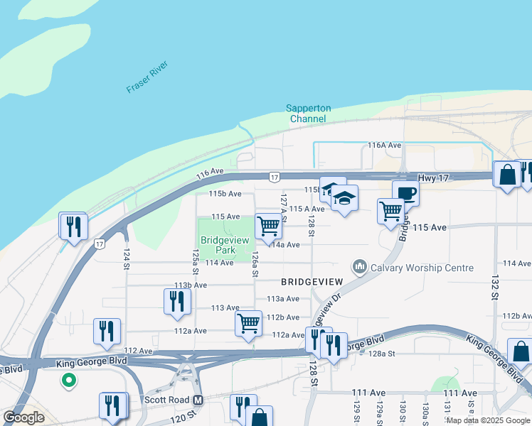 map of restaurants, bars, coffee shops, grocery stores, and more near 12698 115 A Avenue in Surrey