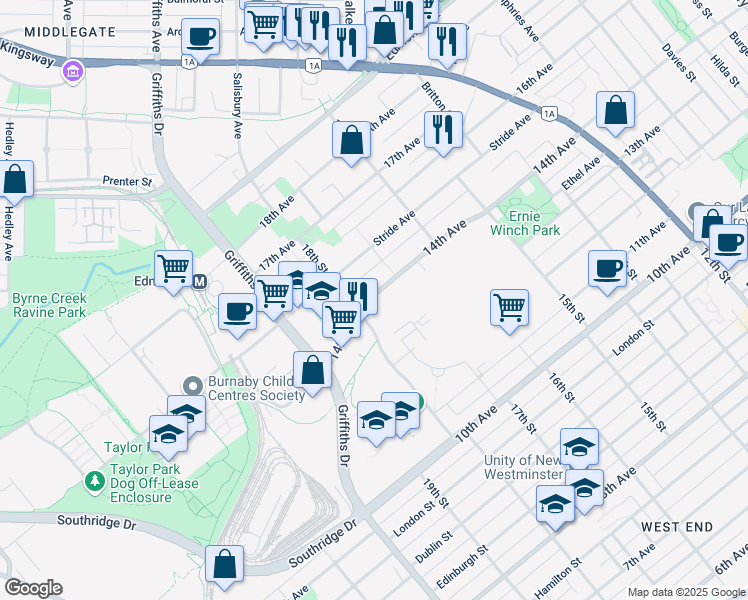 map of restaurants, bars, coffee shops, grocery stores, and more near 7101 14th Avenue in Burnaby