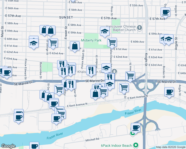 map of restaurants, bars, coffee shops, grocery stores, and more near in Vancouver