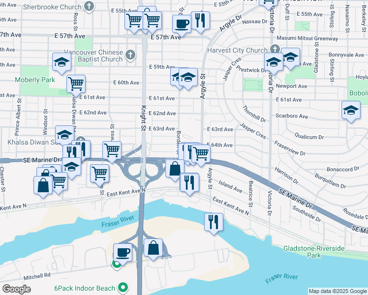 map of restaurants, bars, coffee shops, grocery stores, and more near 1618 East 64th Avenue in Vancouver