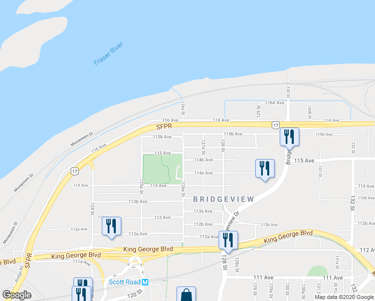 map of restaurants, bars, coffee shops, grocery stores, and more near 11508 126A Street in Surrey