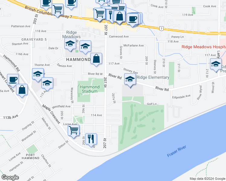 map of restaurants, bars, coffee shops, grocery stores, and more near 20735 115 Avenue in Maple Ridge