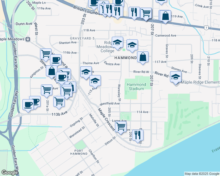 map of restaurants, bars, coffee shops, grocery stores, and more near 11507 Latvalla Lane in Maple Ridge
