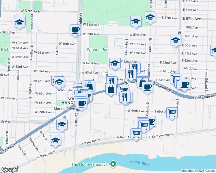 map of restaurants, bars, coffee shops, grocery stores, and more near 8080 Columbia Street in Vancouver