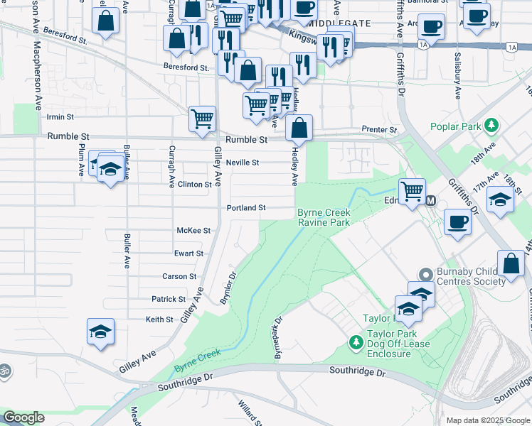 map of restaurants, bars, coffee shops, grocery stores, and more near 6516 Portland Street in Burnaby