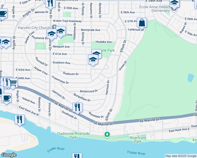 map of restaurants, bars, coffee shops, grocery stores, and more near 2376 Fraserview Drive in Vancouver