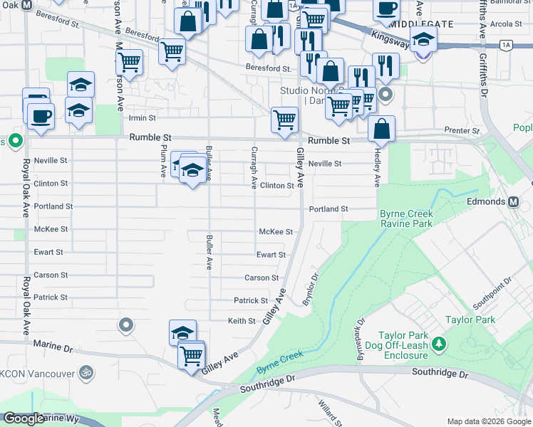 map of restaurants, bars, coffee shops, grocery stores, and more near 6138 Portland Street in Burnaby