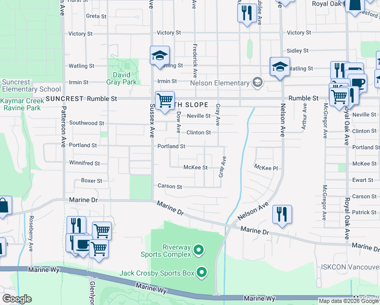 map of restaurants, bars, coffee shops, grocery stores, and more near 4558 Portland Street in Burnaby