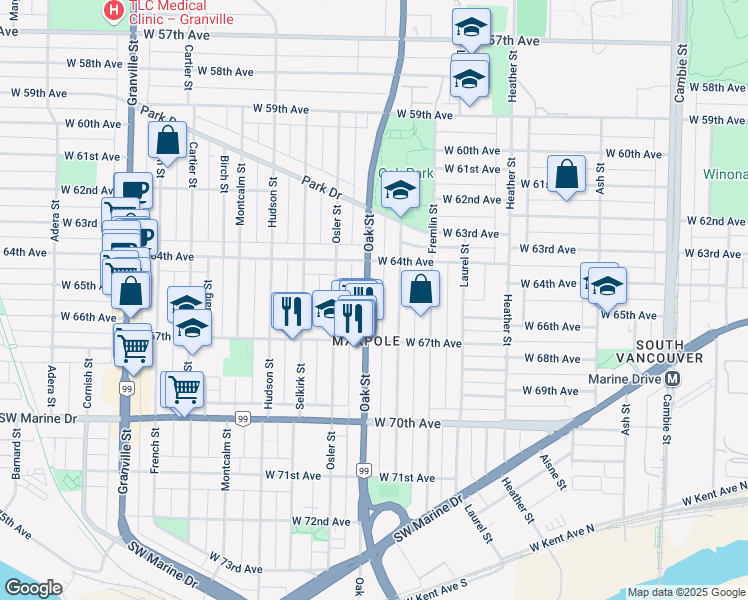 map of restaurants, bars, coffee shops, grocery stores, and more near 8150 Oak Street in Vancouver
