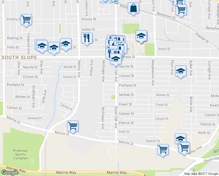 map of restaurants, bars, coffee shops, grocery stores, and more near 5138 Portland Street in Burnaby