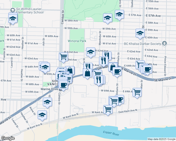map of restaurants, bars, coffee shops, grocery stores, and more near 275 Southwest Marine Drive in Vancouver