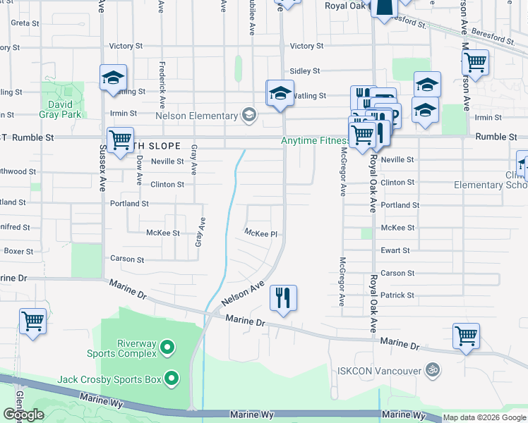 map of restaurants, bars, coffee shops, grocery stores, and more near 4850 Portland Street in Burnaby