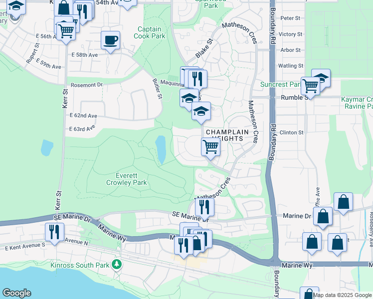 map of restaurants, bars, coffee shops, grocery stores, and more near 3340 Marquette Crescent in Vancouver