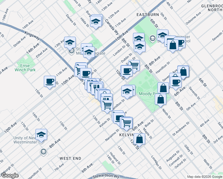 map of restaurants, bars, coffee shops, grocery stores, and more near 805 Henley Street in New Westminster