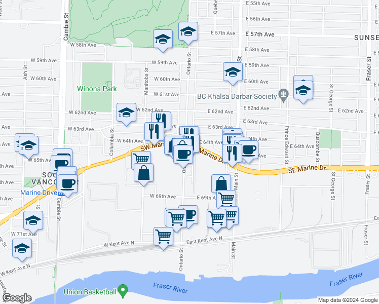 map of restaurants, bars, coffee shops, grocery stores, and more near 10 Southeast Marine Drive in Vancouver