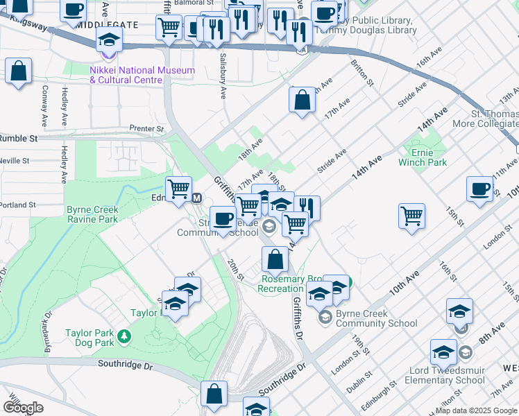 map of restaurants, bars, coffee shops, grocery stores, and more near in Burnaby