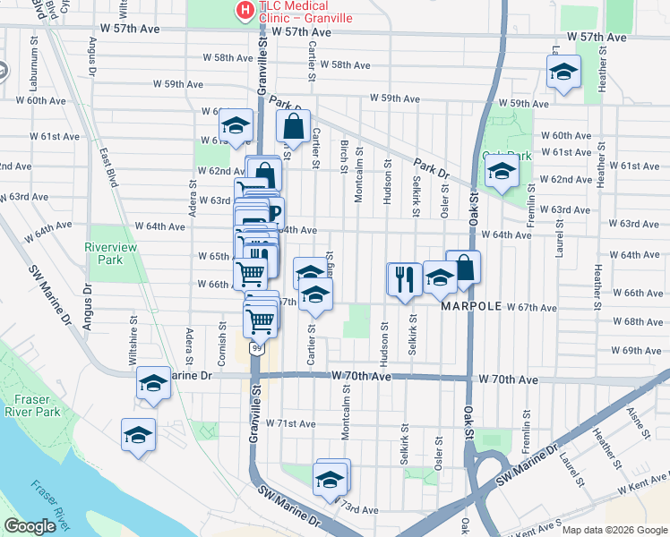 map of restaurants, bars, coffee shops, grocery stores, and more near in Vancouver