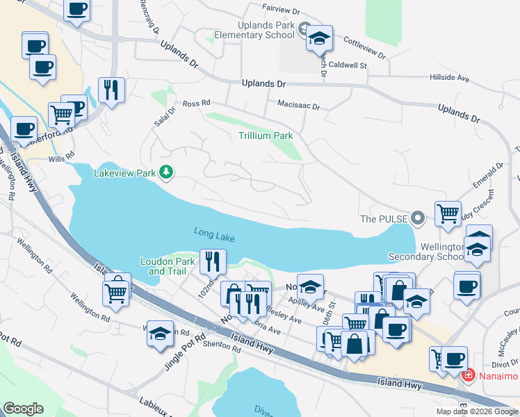 map of restaurants, bars, coffee shops, grocery stores, and more near 371 Woodhaven Drive in Nanaimo