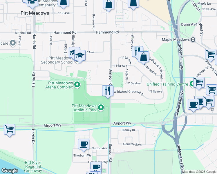 map of restaurants, bars, coffee shops, grocery stores, and more near 11541 Bonson Road in Pitt Meadows