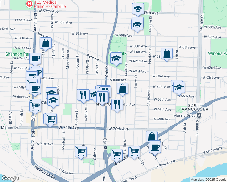 map of restaurants, bars, coffee shops, grocery stores, and more near 8123 Shaughnessy Street in Vancouver